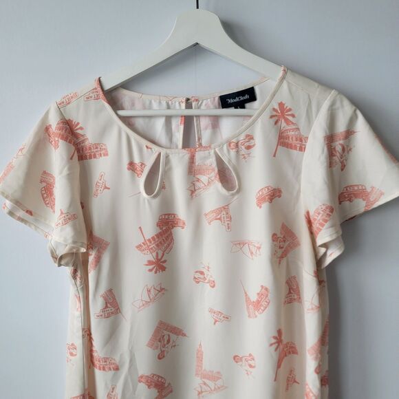Modcloth womens Travel Print Blouse size L keyholes short Flutter Sleeve - Picture 3 of 10